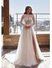 Beaded Ivory Lace Tulle High Slit Luxury Wedding Dress